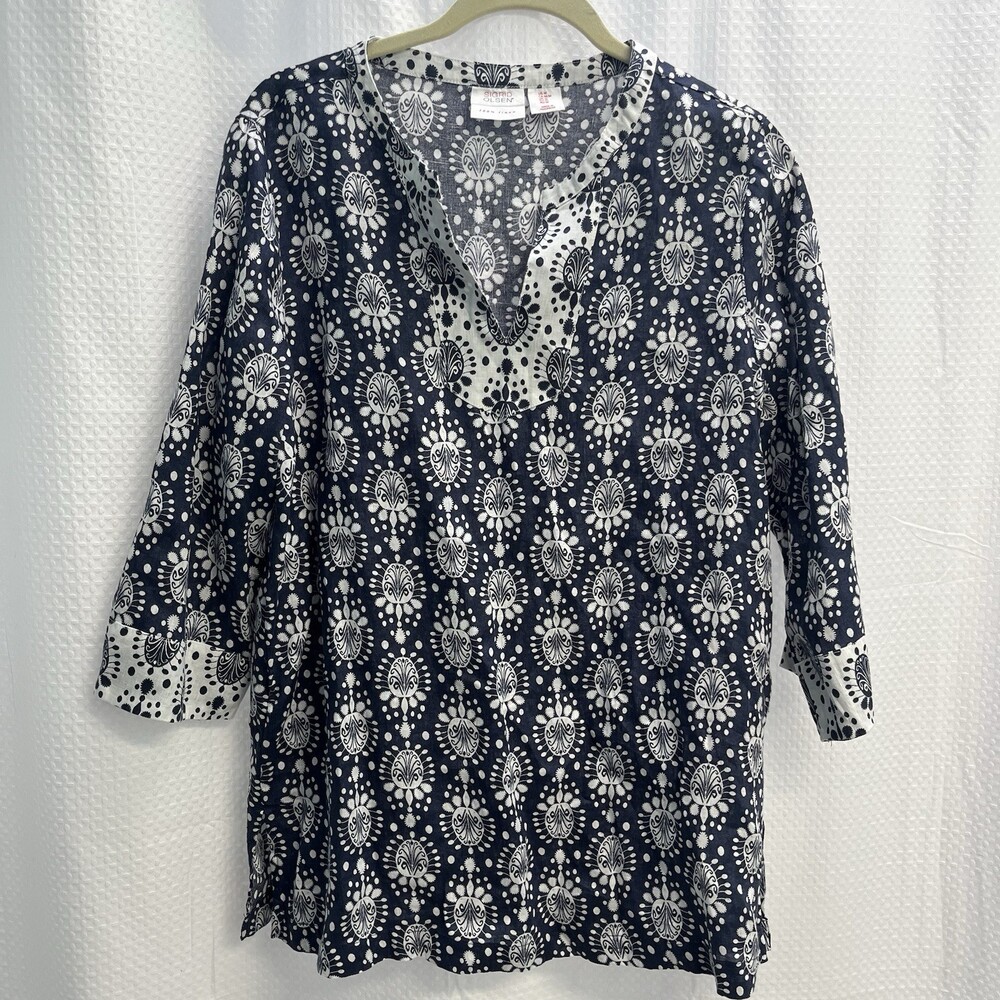 Sigrid Olsen 100% Linen Blue White Batik Print 3/4 Bell Sleeve Boho Top Medium